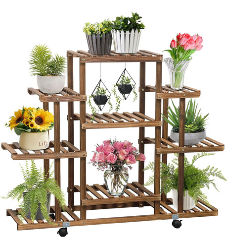 Plant Stand Indoor Outdoor 9-tier Plant Shelf Garden Wood Pl