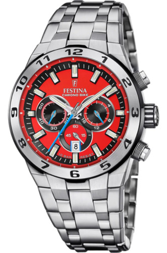 Relógio masculino Festina F20670.5 Chronobike 2024, malha prateada, moldura prateada, fundo vermelho
