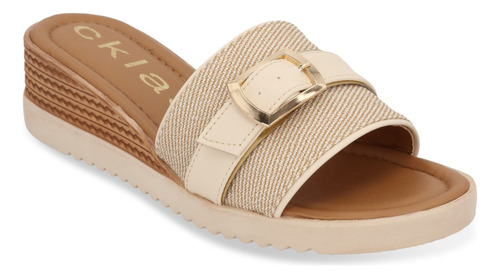 Dúo 658 Sandalia Casual Mujer Miel Y Beige Con Hebilla
