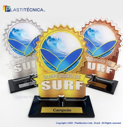 Troféus Para Surf Em Acrílico 100% Campeão, Vice E 3º Lugar