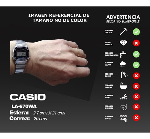 Imagen 3 de 9 de Reloj de pulsera Casio Youth LA670 de cuerpo color plateado, digital, para mujer, fondo bordó, con correa de acero inoxidable color plateado, dial negro, minutero/segundero negro, bisel color plateado y hebilla de gancho