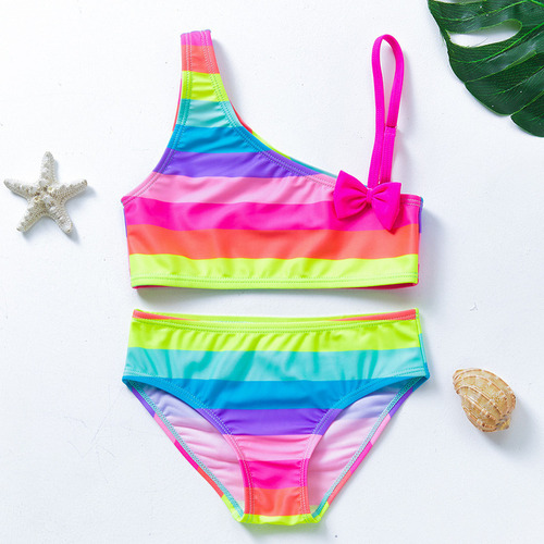 Traje De Baño Bikini Con Rayas Arcoíris Para Niñas