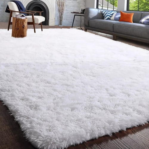 Alfombra Decomemu Nordica Pelo largo premium sintético suave antialérgico color Blanco - de 140cm x 100cm