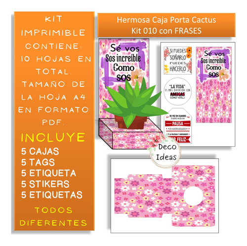 Kit Imprimible 10 Porta Maceta Suculenta Frase Motivadora