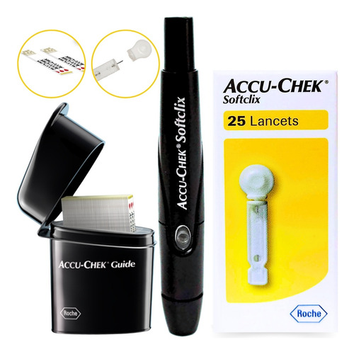 Kit 50 Tiras Caneta Lancetadora E 25 Lancetas Guide Me Roche