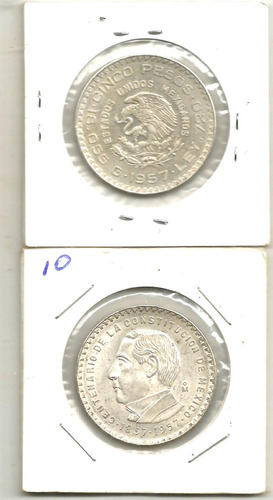 Moneda De 5 Pesos Plata Juarez 1957 Excelente Condicion