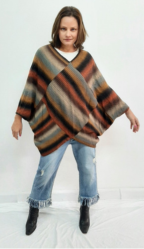 Poncho Capa Tejido Rayado En Colores Marrones Y Ocres T.u 