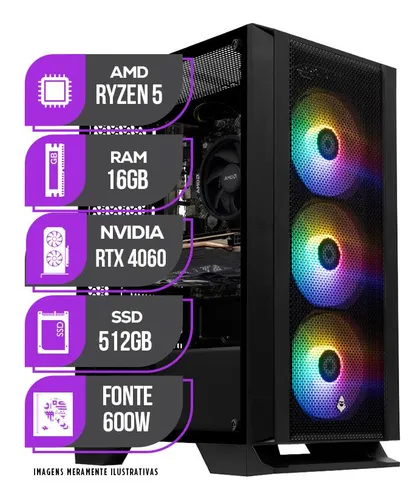 Imagem do produto PC Gamer Mancer, AMD RYZEN 5 5500, RTX 4060 8GB, 16GB DDR4, SSD 512GB M.2, 600W 80 Plus em Mercado Livre