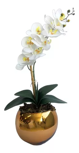 Arranjo De Orquídea Artificial Branca No Vaso Dourado Médio