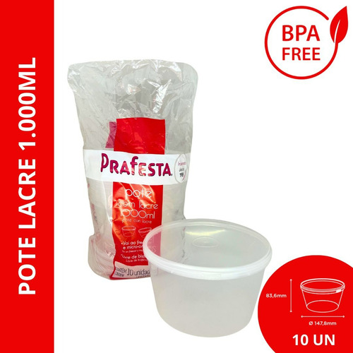 Pote Plástico Lacre Para Marmita 1000ml C 10un