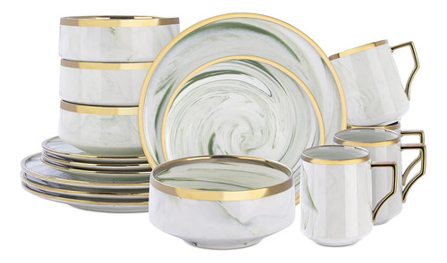 Vajilla Set Porcelana Verde Con Dorado 16 Piezas Marmolado A