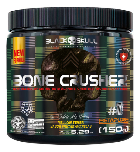 Suplemento em pó Black Skull  Eduardo Correa Bone Crusher beta alanina, cafeína, arginina Bone Crusher sabor  frutas amarelas em pote de 150g