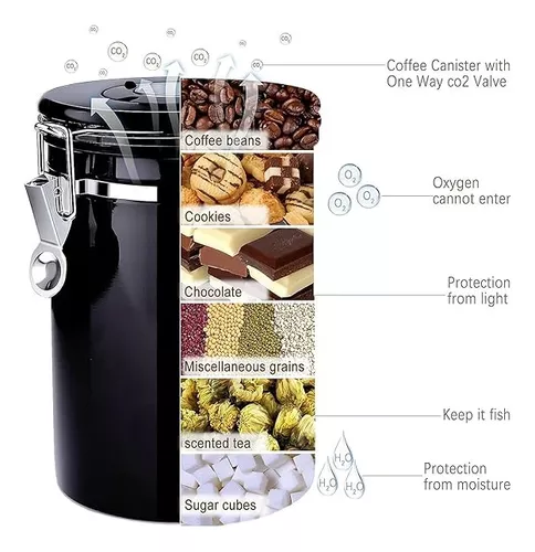 Bote de café hermético - Bote de grano de café con válvula de CO2 - Con  cuchara dosificadora - 1.8 L (negro)