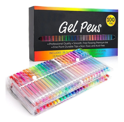 Set 100 Lápices Gel Neón Glitter Metálico Pastel - Oferta
