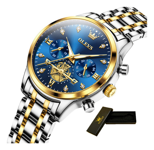 Reloj De Lujo Olevs Chronograph Luminous Diamond Color De La Correa Sliver/gold/blue