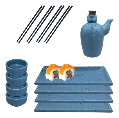 Kit 4 Pessoas Jogo Oriental Azul Porcelana 9 Peças Japonês