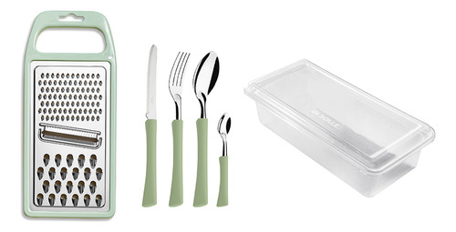 Set 24 Cubiertos + Rallador Acero Inox Mango Plástico Inova Color Verde Claro
