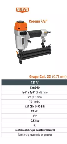 Pistola Grapadora Neumatica Para Tapiceria, Calibre 22, 3/8 De Ancho  Grapad