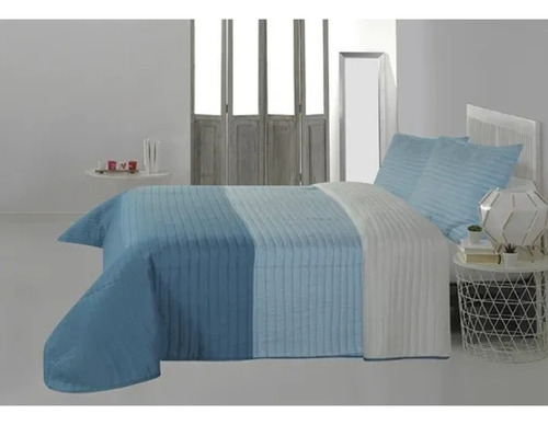 Cover Kavanagh Quilt Tricolor +funda Twin Gris Celeste Azul