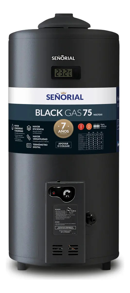 Termotanque Gas Multigas Señorial Family Black 75L Negro Piezoeléctrico