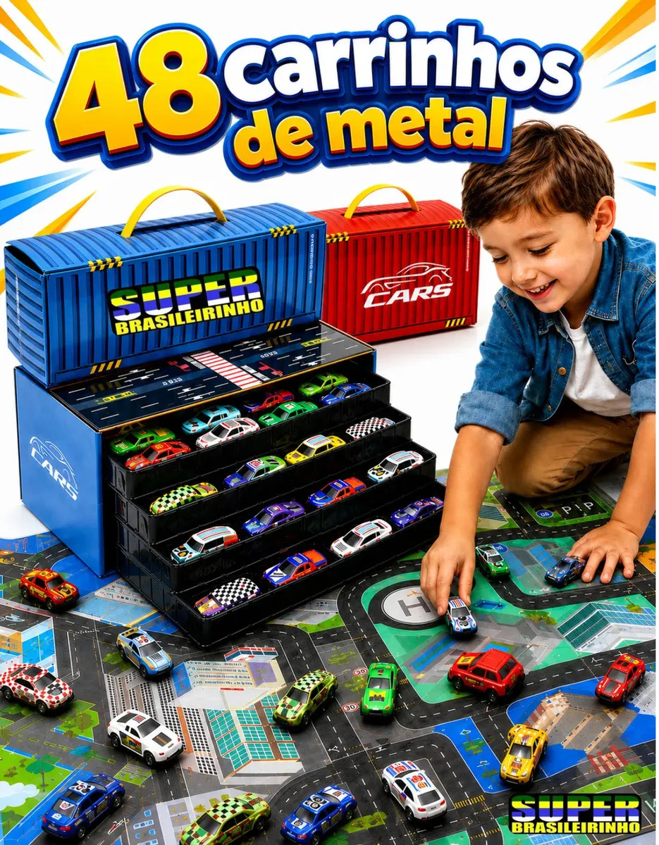 Maleta 48 Carrinhos + Tapete Pista 40x60 Estacionamento Brinquedo Infantil Presente Criança - Super Brasileirinho