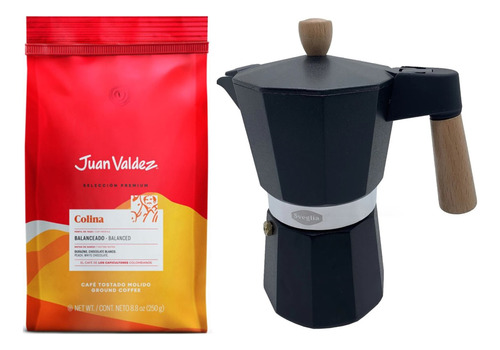 Pack Café Juan Valdez Molido 250gr + Cafetera Moka 3 Tazas