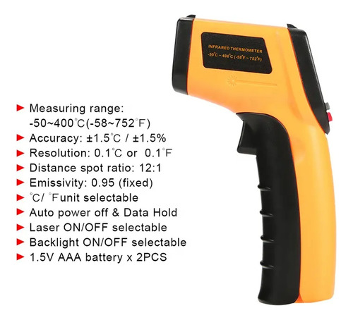 Termómetro Ambiental Infrarrojo Digital Industrial -50-400° KUAIQU Non Contact Laser Temp Gun