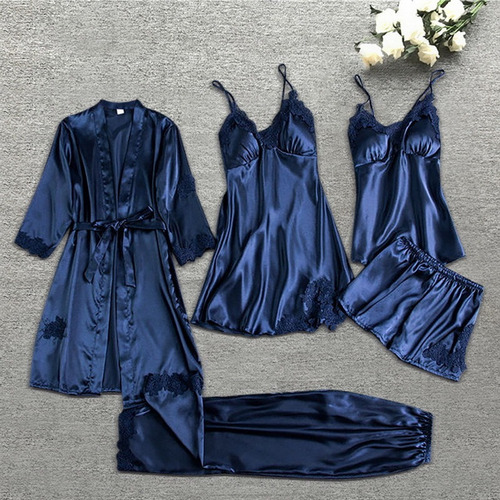 Conjunto De Pijama De Seda Azul Conjunto De Pijama De Mujer