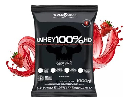 Whey 100% Hd Refil 900g Black Skull Sabor Morango