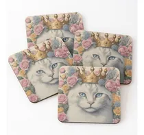 Comprar Set Posavasos Gato Coronado Rodeado De Flores Calidad Premiu