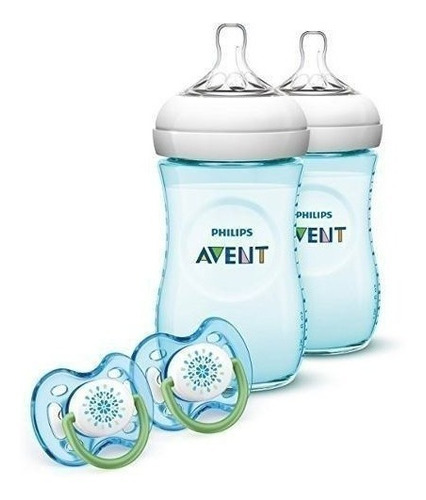 Set 2 Tetero Avent Natural 9oz + 2 Chupo Entretenedor Azul