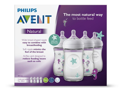Kit Paquete De 4 Biberones Avent 9 Onzas Natural Sea Edition Nombre Del Diseño Animales Color Edición Marina
