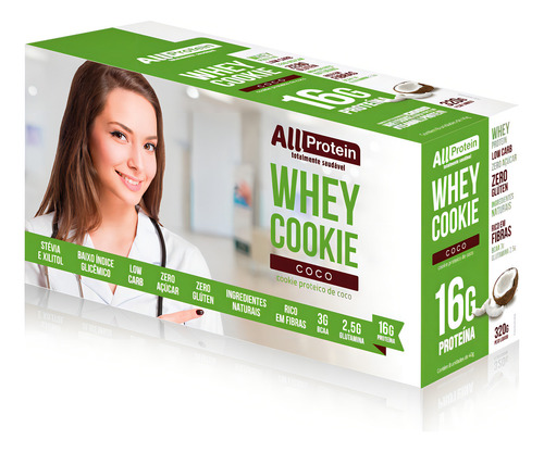 Caixa De Whey Cookie De Coco 8 Unidades De 40g - All Protein