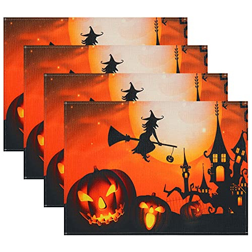 4 Pack Halloween Placemats Set Brujo Calabaza Lavable 464ck