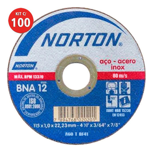 Kit 100 Disco De Corte Inox Extrafino 4.1/2x1.0 Bna12 Norton