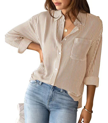 Camisas Con Botones Para Mujer, A Rayas,clásicas,manga Larga