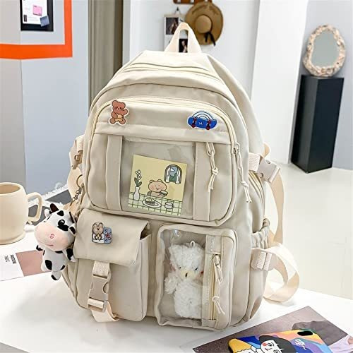 Mochila Kawaii Escolar Niñas Y Adolescentes Con Pin Beige
