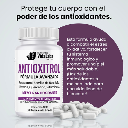Pack 6 Antioxitrol Nutrientes Vidalabs México Trans Resveratrol Premium Sabor Sin sabor