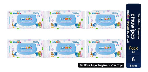 Toallas Húmedas Emubaby Premium Con Tapa Pack 6x80unid