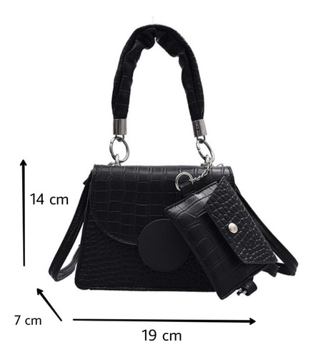 Cartera Mini Bag Croco Mujer Importada Con Monedero Negro Croco Plateado
