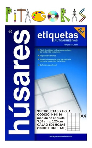 500hojas Etiquetas Autoadhesivas Husares H34136 A4 3,30x5,25