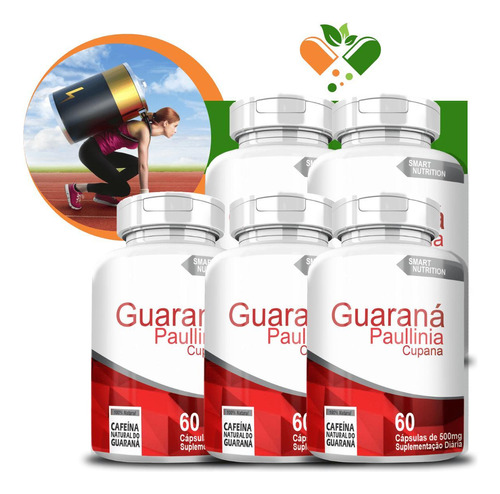 Kit Com 5 Potes Guaraná 500mg 60 Cápsulas