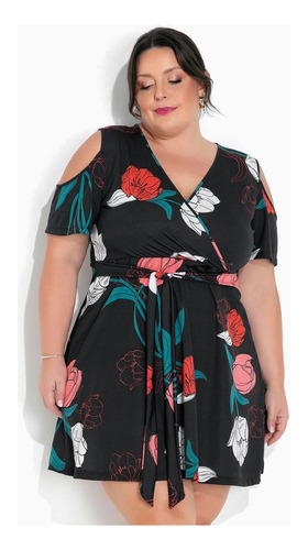 Vestido Floral Preto Transpassado Plus Size