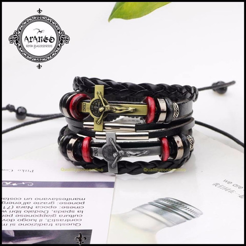 Araneo - Pulsera Cuero Cruz Cristiana