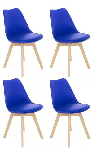 4 Cadeiras Estofada Leda Base Madeira Eames Cozinha Azul Bic