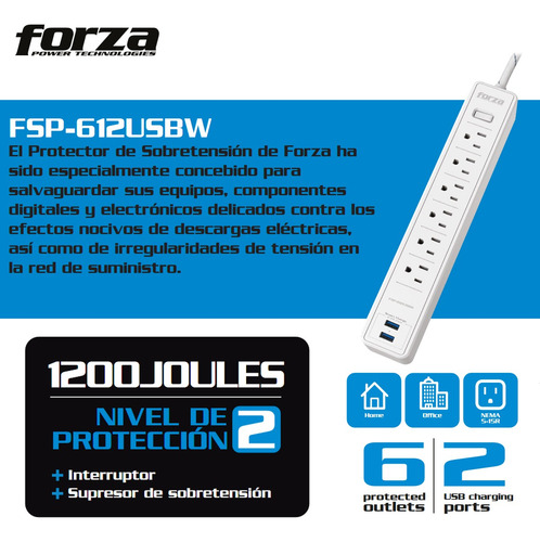 Protector De Sobretensión Forza Fsp-612usbw, 6 Tomas + 2 Usb