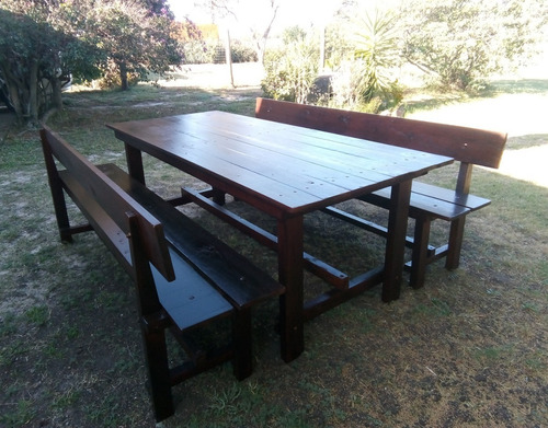 Mesa Y 2 Bancos Rústicos Para Exterior, Barbacoa.
