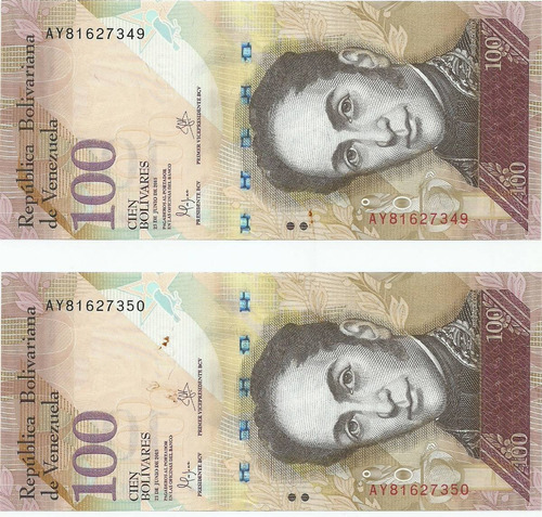 2 Billetes Consecutivos Bsf. 100  - Ay8 Junio 23 2015