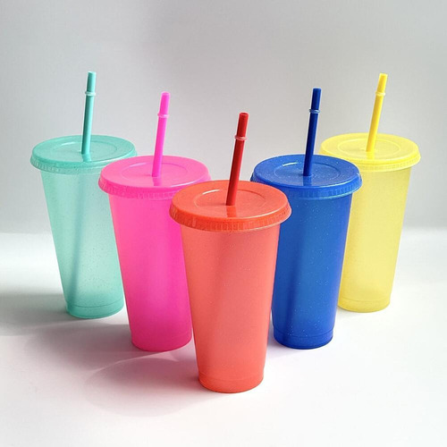 Kl 10 Vasos Reutilizables De 24 Oz Con 10 Tapas + 10 Popotes