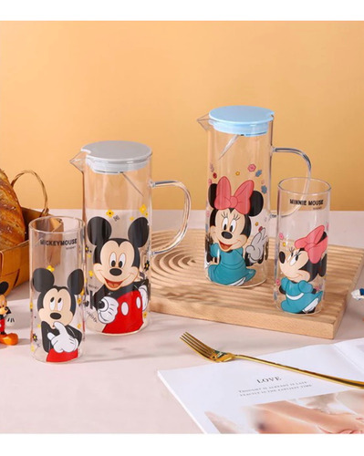 Set De 1 Jarra Y 2 Vasos De Cristal Minnie Mickey Bebidas